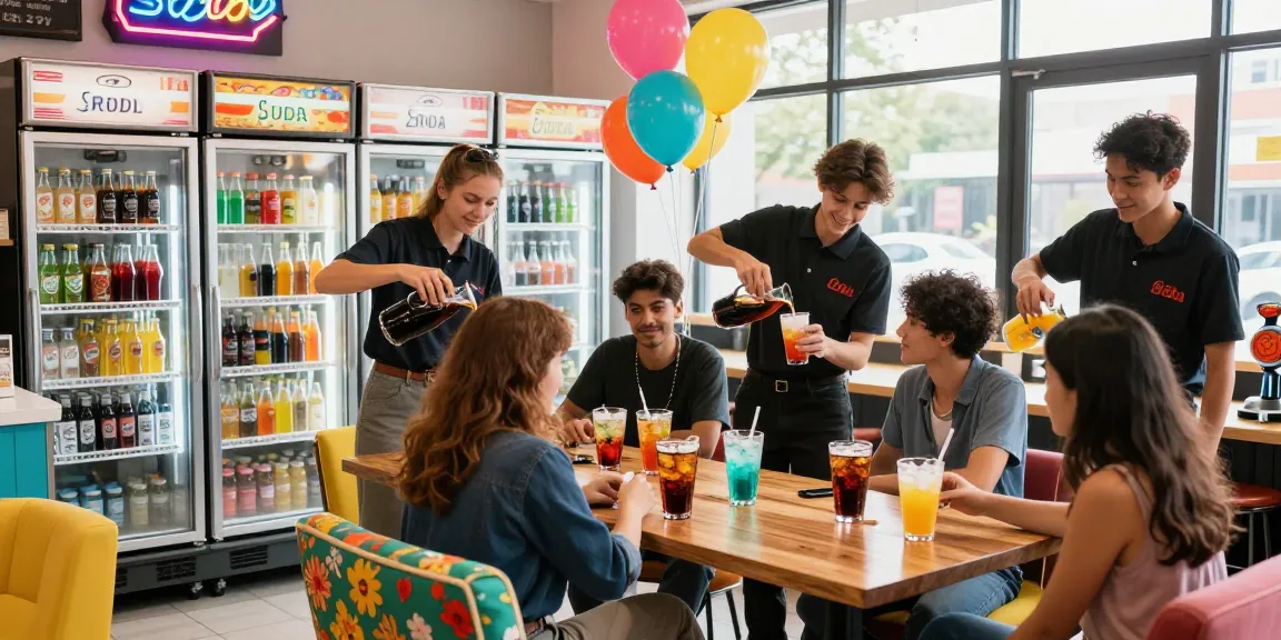 Refreshing soda pop served in a lively beverage shop with a vibrant atmosphere.
