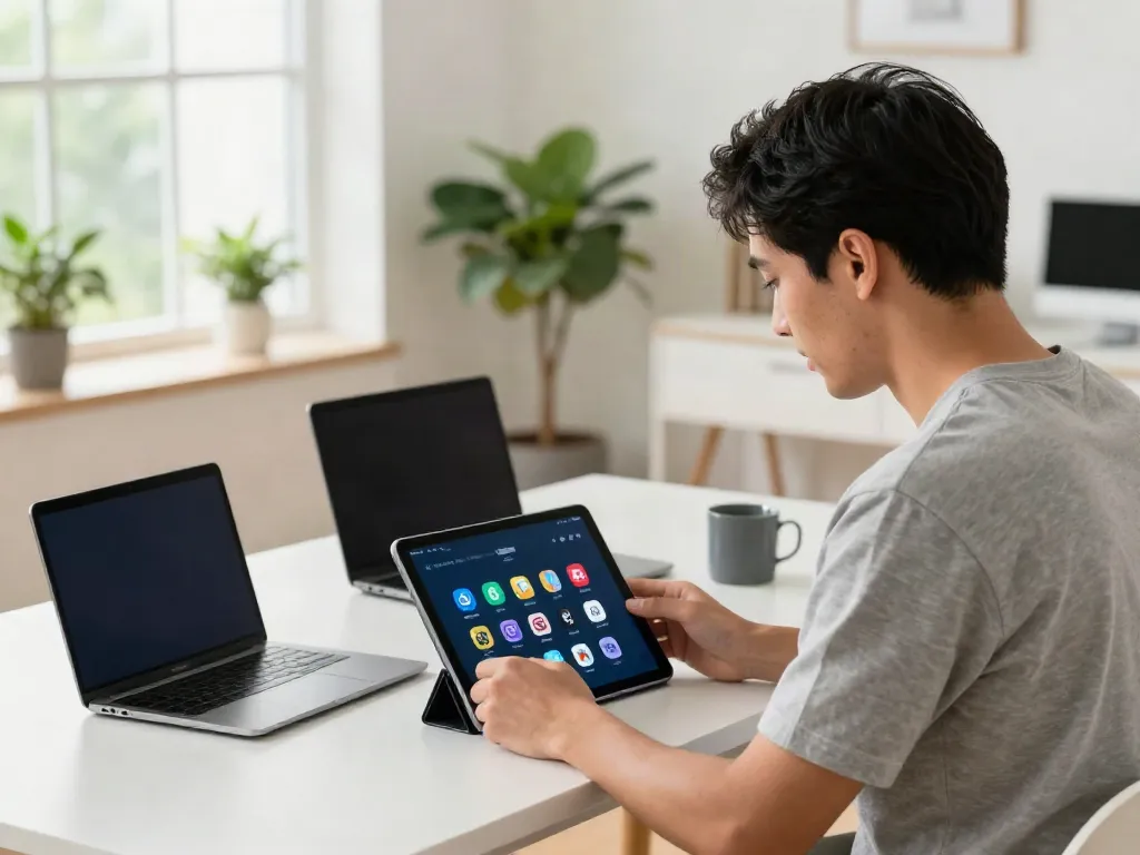 Downloading GB WhatsApp on tablet in a modern home office setting.