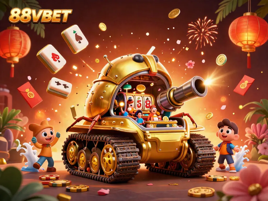 Experience 88VBET excitement with a vibrant cartoon casino tank surrounded by festive elements