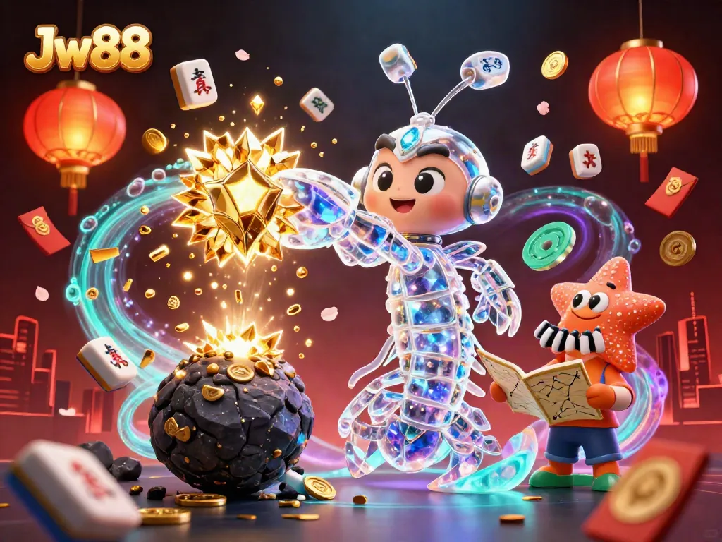 Experience thrilling gaming with Jw88, featuring dynamic characters and elements in a rich casino atmosphere.