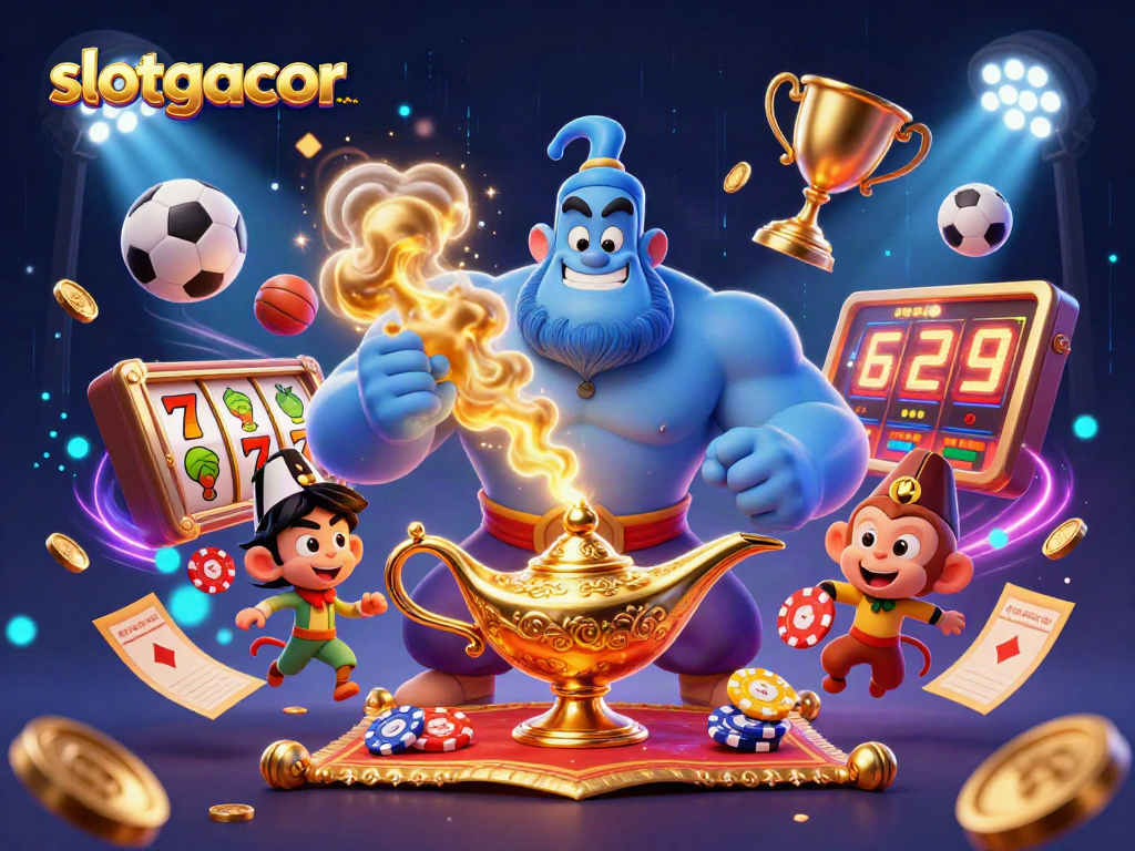 Engage with slotgacor through an energetic 3D casino scene brimming with slots and dynamic sports elements.