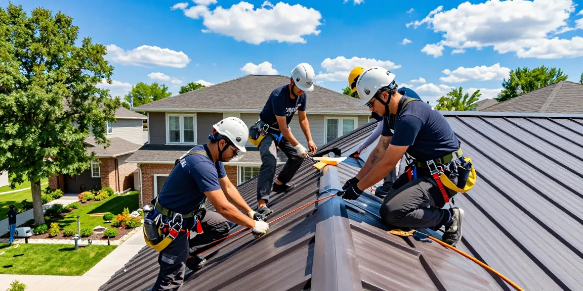 MRoof Canada team installing a metal roof on a suburban home, demonstrating expertise and quality roofing services in the GTA.