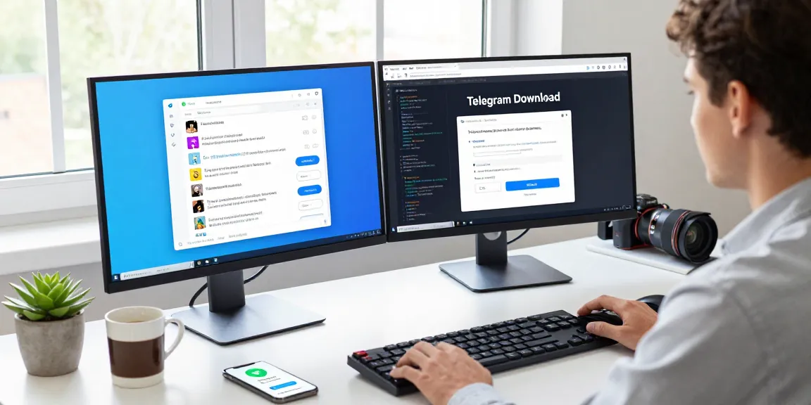 Telegram Download tutorial displayed on computer monitors in a modern tech workspace, vibrant chat interactions and tech gadgets visible.